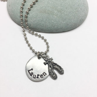 ballet shoes hand stamped necklace white