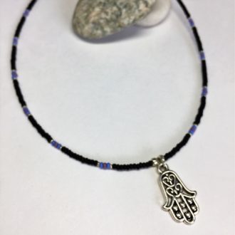 Hamsa Hand with Blue Crystal Horseshoe 3 Bead Necklace 