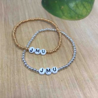 Camp Bracelet School Initials Letters College Silver or Gold on Natural