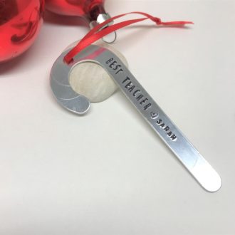 Cany Cane Ornament Hand Stamped Name Best Teacher Balls2