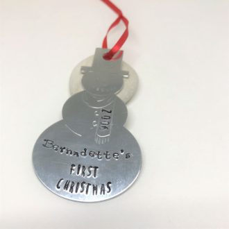 Snowman Ornament Hand Stamped Name First Christmas and Year