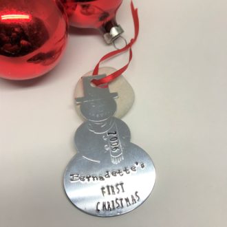Snowman Ornament Hand Stamped Name First Christmas and Year Balls