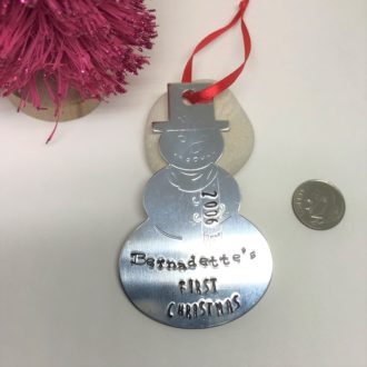 Snowman Ornament Hand Stamped Name First Christmas and Year Sizing