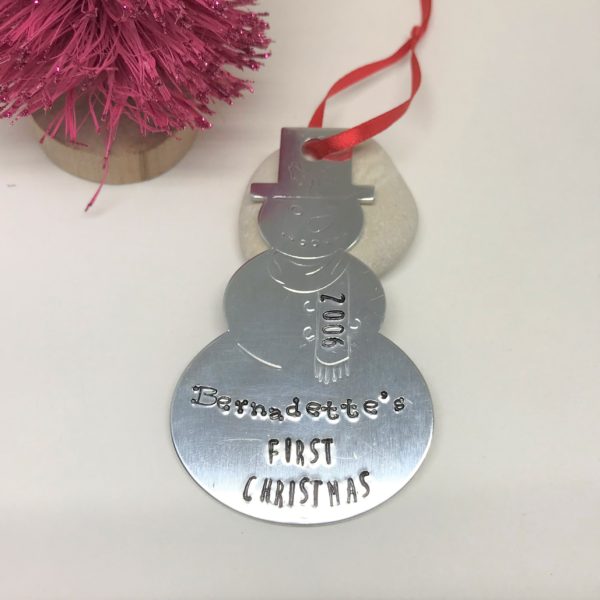 Snowman Ornament Hand Stamped Name First Christmas and Year Tree