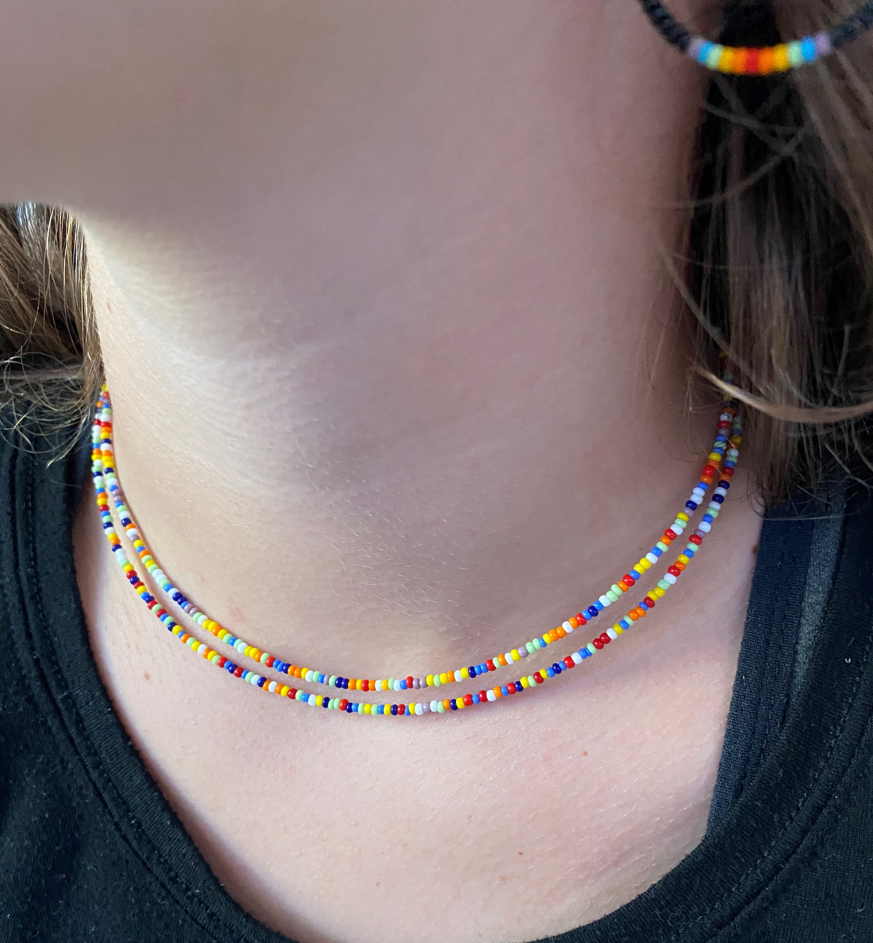 spring layer choker tiny beads white and gold seed bead choker seed beads multi colour black dainty necklace
