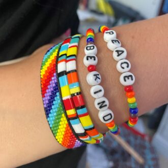 Rainbow Connection Stretch Bracelet with Word, Loom and Tila Model