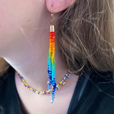 Rainbow Tassel Earrings. Hand Beaded Dangling Sea Goddess Jewelry. Made in USA