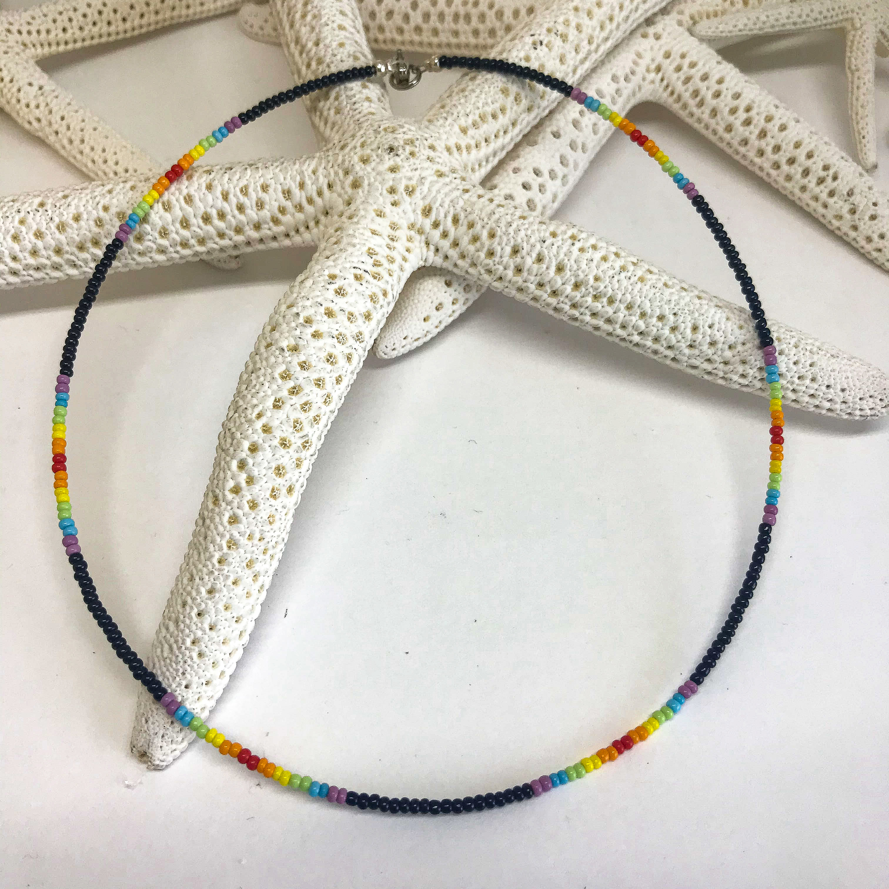 Rainbow Seed Bead Necklace. Rainbow Pattern & Black Seed Bead