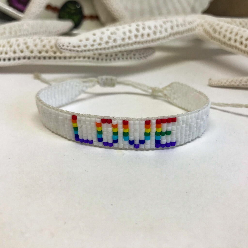 LOVE Bracelet White / Rainbow beads Spelling LOVE Woven Loom Adjustable ...