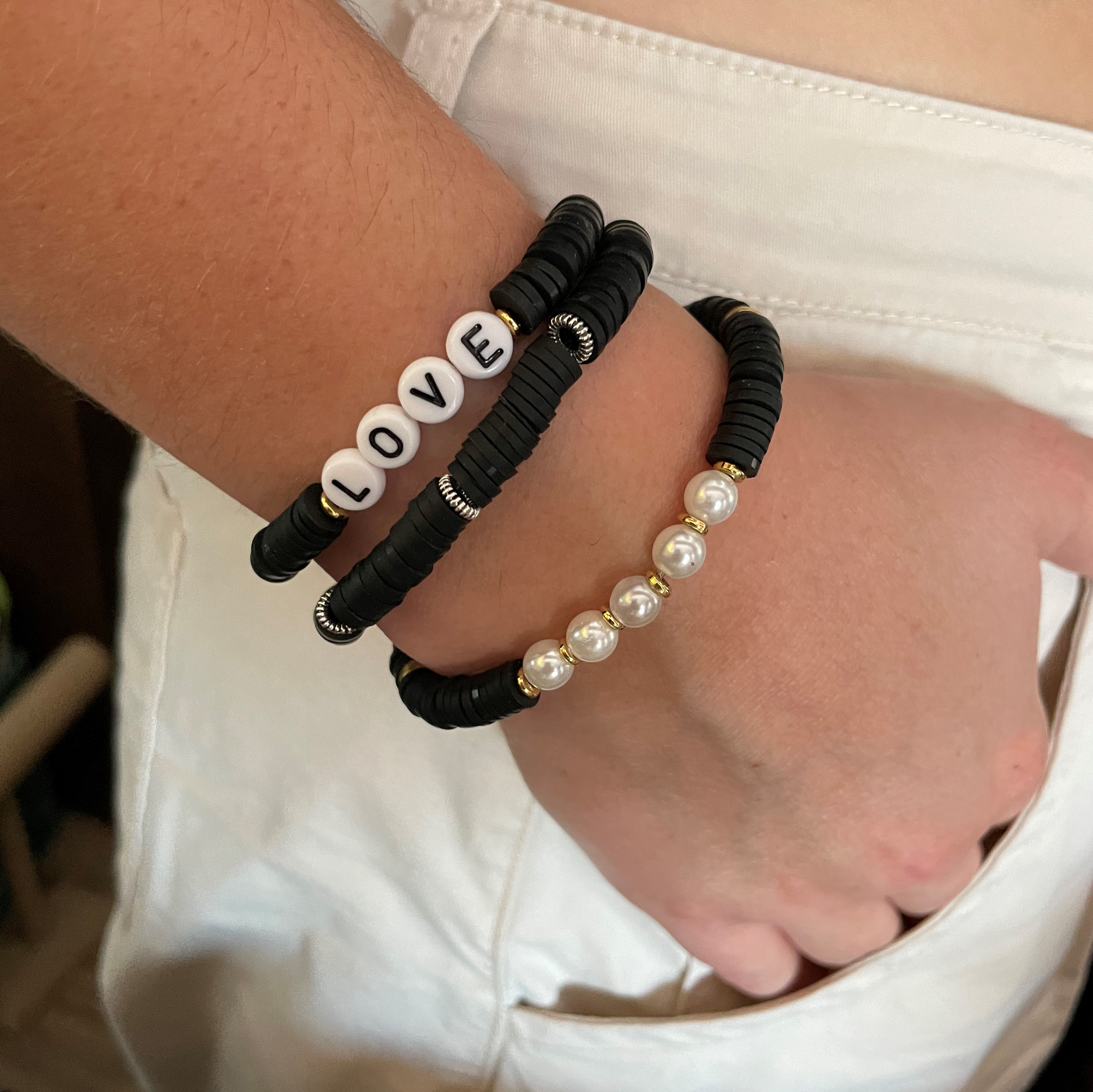 White and black Clay Heishi Beaded Stretchy Stack Bracelet Mother of the groom jewelry gift for MOG
