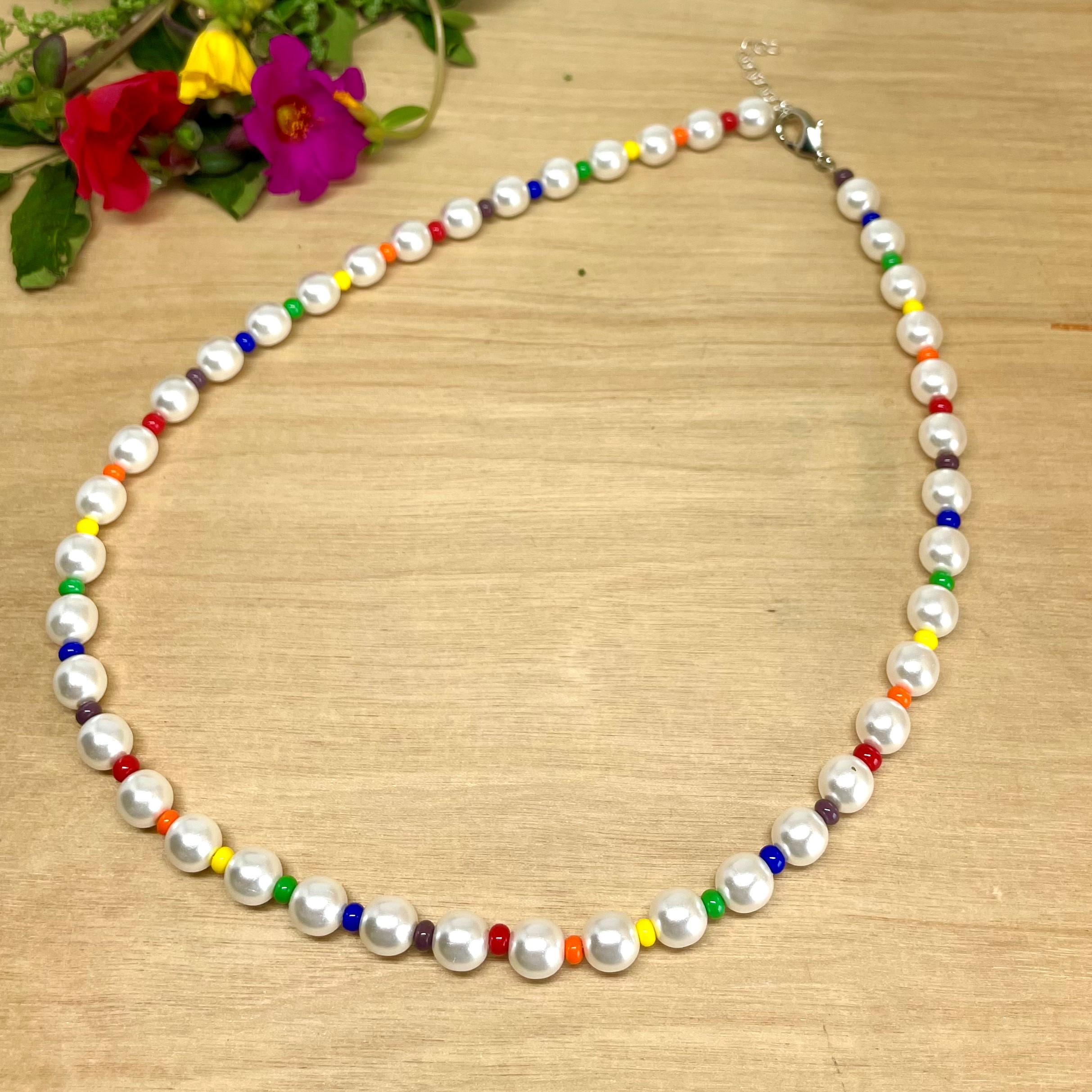 Pearl Choker Necklace with Rainbow or Black Seed Beads – Classic Style Spin  On Trend Jewelry- Made in USA – Just Bead It