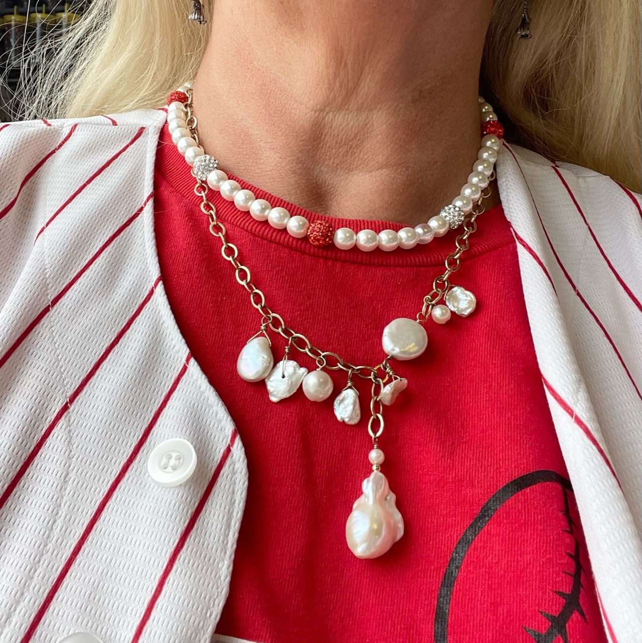 Baseball Beaded Necklace Phillies Rhinestone Bead Chain Red 
