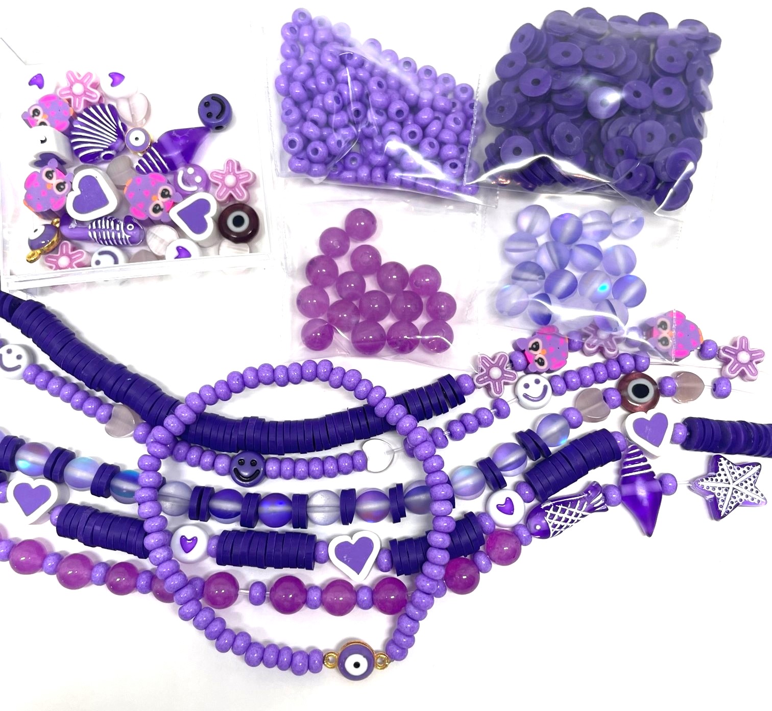 Handmade Polymer Clay Beads Stretch Bracelets Sets, with Brass Rhinestone & Brass Beads, Violet, Inner Diameter: 2~2-1/8 inch